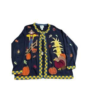 Quacker Factory Halloween Fall Scarecrow turkey cardigan sweater Thanksgiving 1X